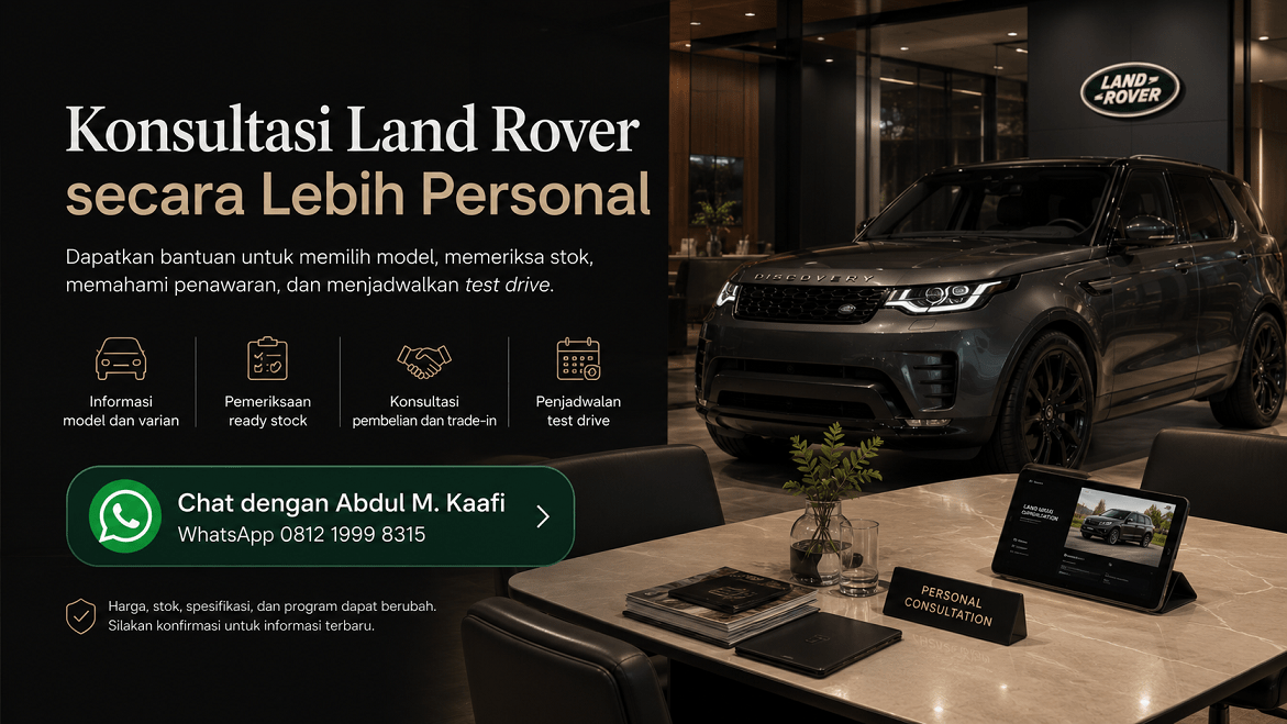 Area konsultasi dealer Land Rover di Jakarta dengan kendaraan premium di dalam showroom.