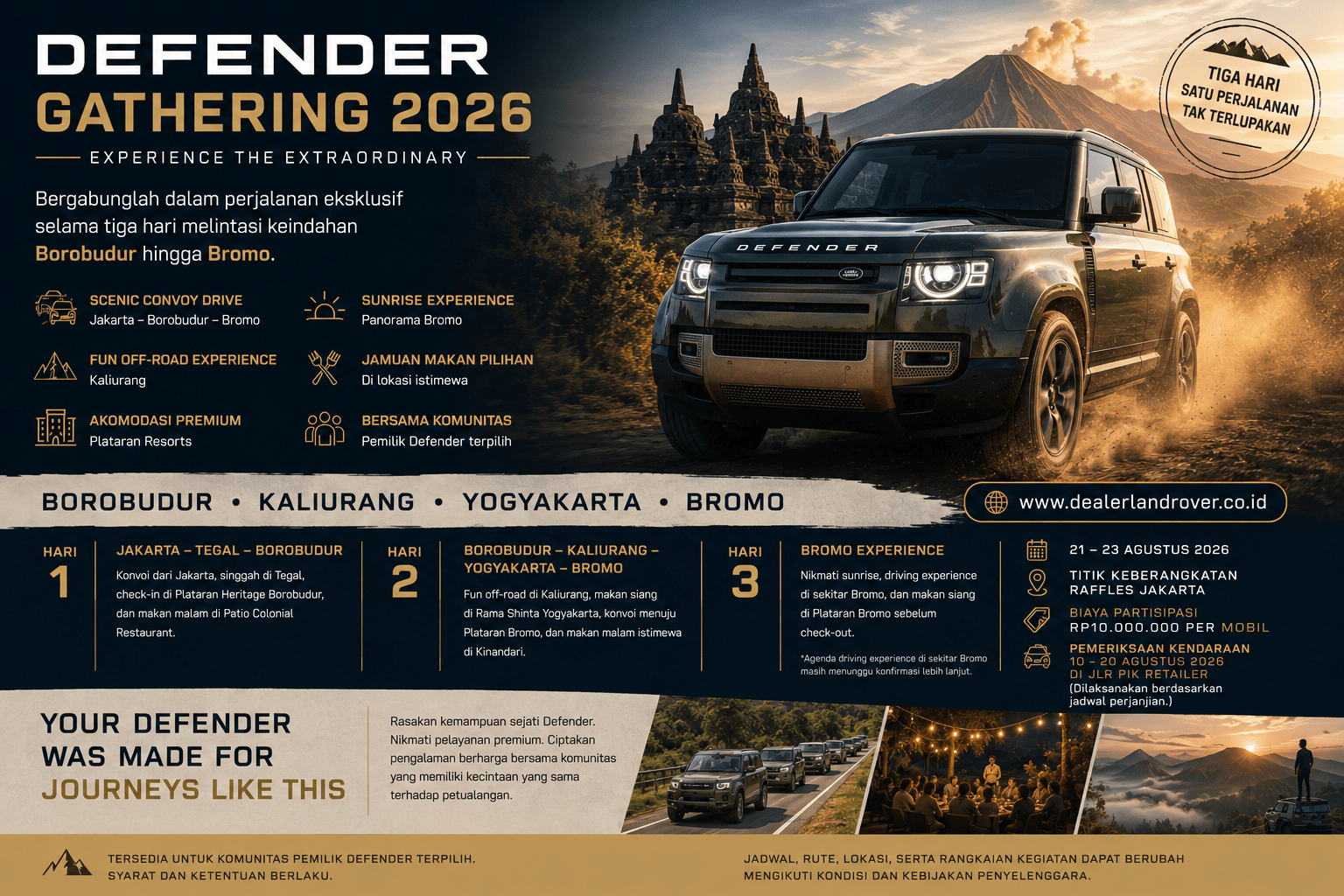 Defender Gathering 2026 perjalanan Borobudur dan Bromo