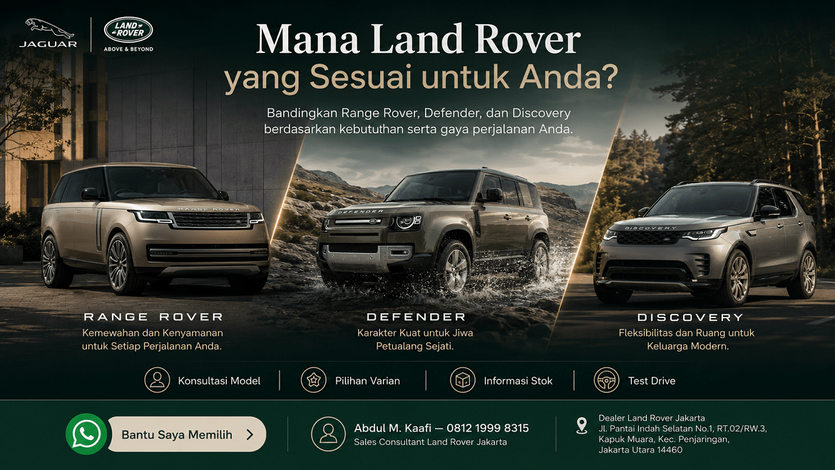 Range Rover, Defender, dan Discovery ditampilkan berdampingan sebagai panduan memilih Land Rover sesuai kebutuhan.